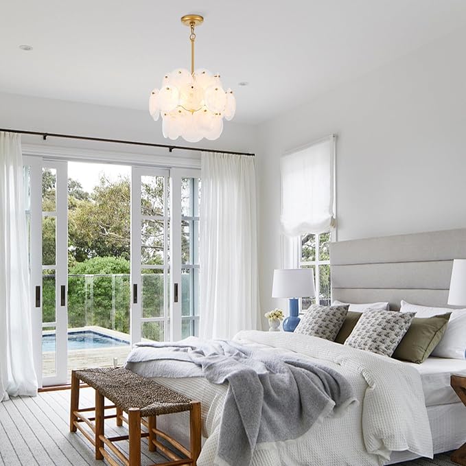 Dia 15.75 Inches Modern Glass Chandelier for Foyer, Gold Dining Room Light Fixture, Large Vintage Pendant Chandelier for Bedroom Entryway Farmhouse