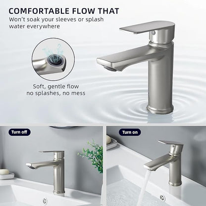 BELZ 2-Pack Brushed Nickel Bathroom Faucet, Modern Single Handle Set of 2 Sink Faucets for Single Hole Vanity, Tool-Free 15-Min Install, Spot-Resistant Finish, Pre-Installed 24" Supply Lines