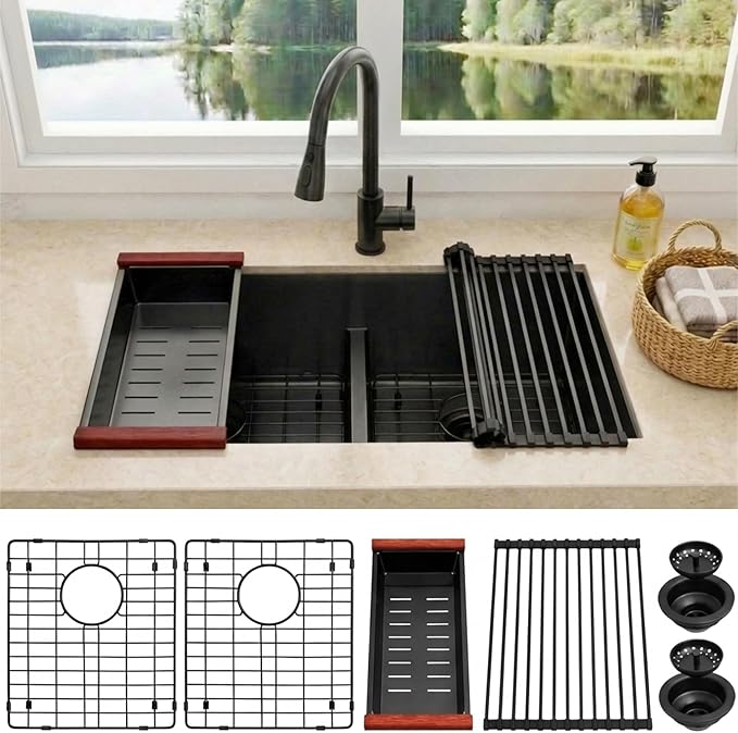 32 inch Double Bowl Kitchen Sink,Black Undermount Kitchen Sink 32 X 18 inch,16 Gauge Stainless Steel Undermount Sinks,Special Low-Divide Design