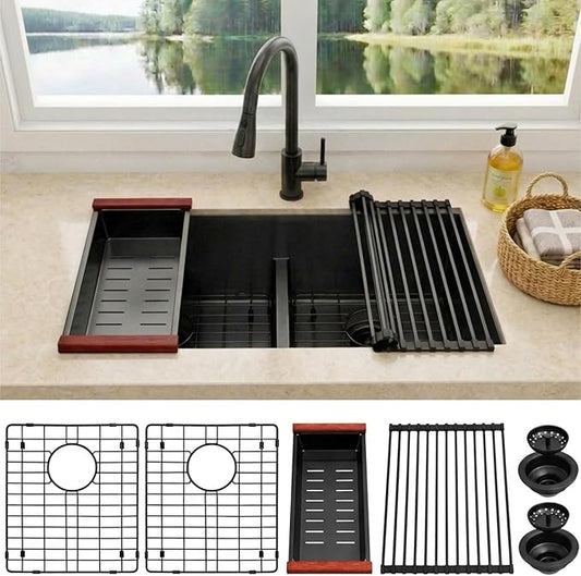 32 inch Double Bowl Kitchen Sink,Black Undermount Kitchen Sink 32 X 18 inch,16 Gauge Stainless Steel Undermount Sinks,Special Low-Divide Design