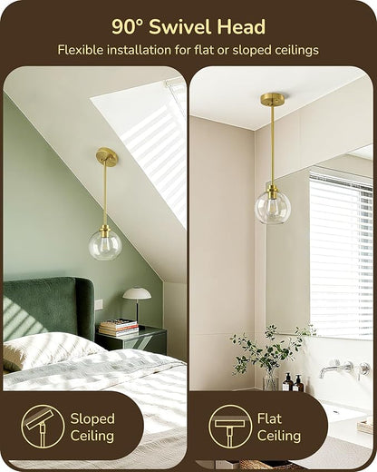 EDISHINE Pendant Light Fixtures 2 Pack with Clear Glass Globe Shade, Gold Kitchen Hanging Lighting Over Island, Hardwired Adjustable Metal Rod for Dining Room, Entryway