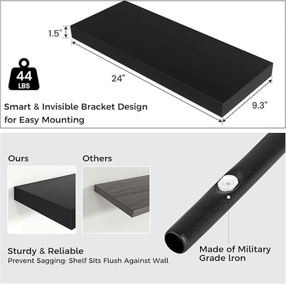 Venusmiles Floating Shelves for Wall, Engineered Wood Wall Shelves with Invisible Brackets for Living Room Bedroom Bathroom Office Kitchen Decor and Storage (Black, 24" W x 9" D x 1.5" H) Set of 2