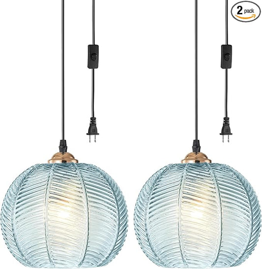 2 Pack Blue Plug in Pendant Lights for Ceiling, Modern Plug in Hanging Lamp with 8.7" Ribbed Glass Globe, Hanging Chandelier Plug in Light Fixture for Bedroom Kitchen Living Room Dining Room