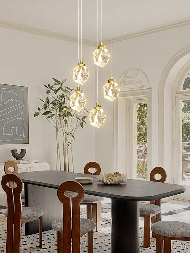 5-Light Gold Crystal Drop Pendant Light, Kitchen Island Hanging Light Fixtures, Modern Solid Clear Crystal Chandelier for Dining Room Living Room Foyer