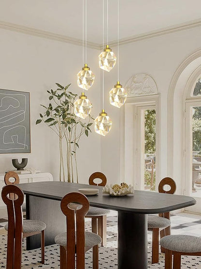 5-Light Gold Crystal Drop Pendant Light, Kitchen Island Hanging Light Fixtures, Modern Solid Clear Crystal Chandelier for Dining Room Living Room Foyer
