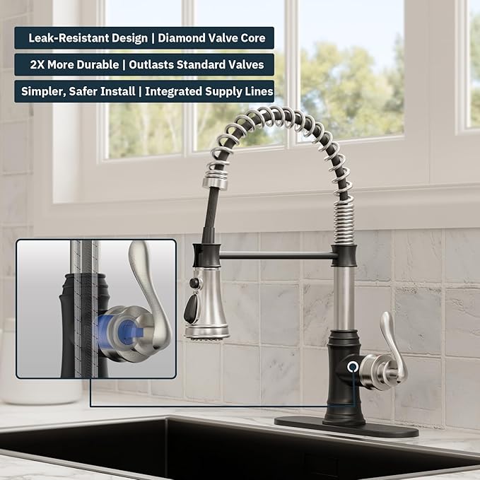 BWE Kitchen Faucet with Pull Down Sprayer, 3 Function High Arc Farmhouse Commercial Bar Sink Faucet, Black and Brushed Nickel Kitchen Sink Faucets