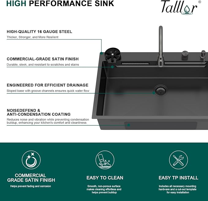 33" Drop-In Single Bowl Black Kitchen Sink with Faucet, Gunmetal Black 16 Gauge 304 Stainless Steel Workstation Sink with Cup Washer, Waterfall Outlet and Four-Hole Configuration #TLWF-0027