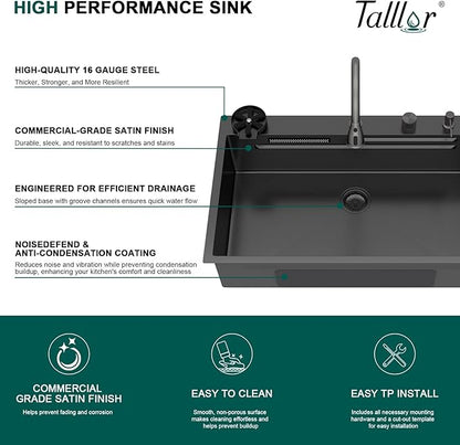 33" Drop-In Single Bowl Black Kitchen Sink with Faucet, Gunmetal Black 16 Gauge 304 Stainless Steel Workstation Sink with Cup Washer, Waterfall Outlet and Four-Hole Configuration #TLWF-0027