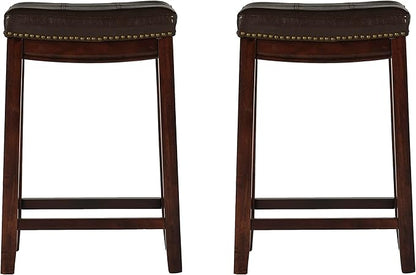 Linon Kingston Brown Wooden Backless 26.5 Inch Seat Height Counter Stool with Brown Faux Leather Upholstered Seat and Nailheads