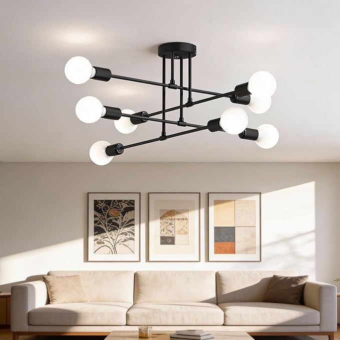 Modern Sputnik Chandelier Ceiling Light Fixtures, 8-Lights Mid Century Industrial Metal Semi Flush Mount for Dining Room, Bedroom, Living Room-Black