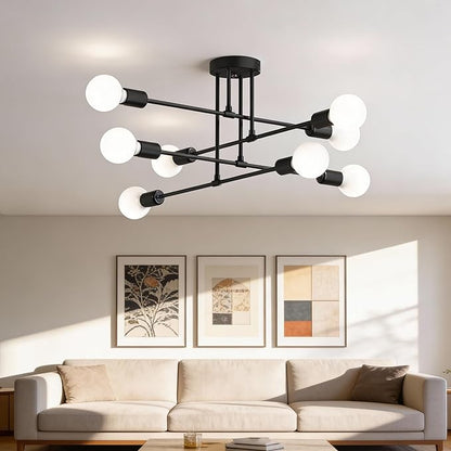 Modern Sputnik Chandelier Ceiling Light Fixtures, 8-Lights Mid Century Industrial Metal Semi Flush Mount for Dining Room, Bedroom, Living Room-Black