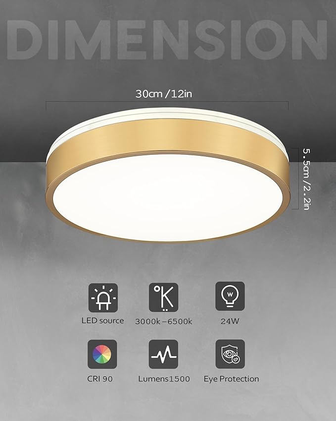 Ken & Ricky Led Brushed Gold Flush Mount Ceiling Light,Dimmable Close to Ceiling Light Fixtures for Kitchen Bathroom Bedroom Hallway 12 Inch 5cct 24w Round KR3354-2PK