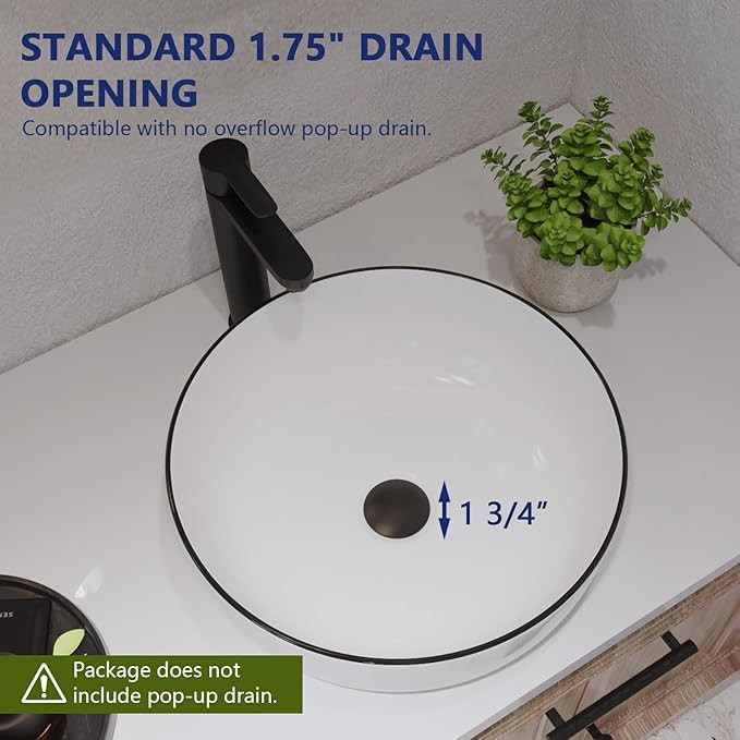 DeerValley 16'' Round Vessel Sink, Bathroom Sinks Above Counter White Ceramic Bathroom Vessel Sinks, Porcelain Sink Bowl for Bathroom, White Body with Black Trim Vanity Sink Basin DV-1V0030