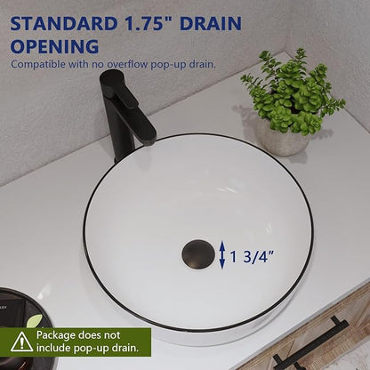 DeerValley 16'' Round Vessel Sink, Bathroom Sinks Above Counter White Ceramic Bathroom Vessel Sinks, Porcelain Sink Bowl for Bathroom, White Body with Black Trim Vanity Sink Basin DV-1V0030
