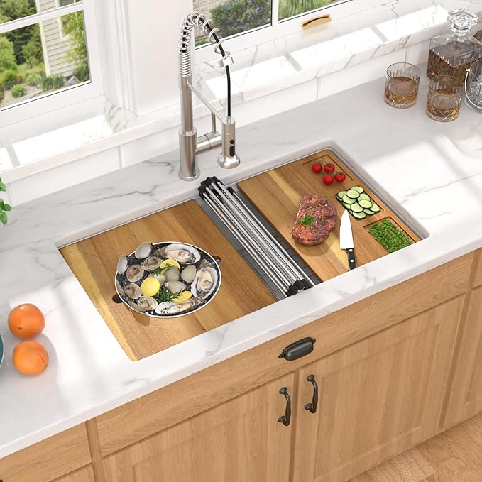 33 Inch White Granite Composite Undermount Kitchen Sink, Single Bowl Classic Quartz-Based Composite Workstation All-In One Sink with Mixing Bowl and Pasta Strainer #TLGU-122