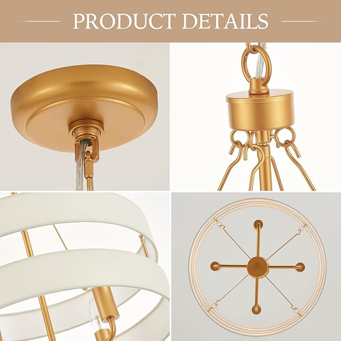 4-Light Rustic Drum Chandelier for Foyer, Gold Pendant Light Fixture with Fabric Shade, Modern Farmhouse Chandelier for Dining Room Entryway Bedroom