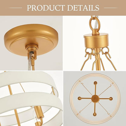 4-Light Rustic Drum Chandelier for Foyer, Gold Pendant Light Fixture with Fabric Shade, Modern Farmhouse Chandelier for Dining Room Entryway Bedroom