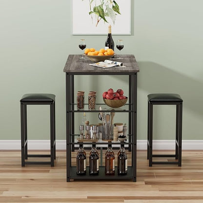 VECELO Dining Table Set for 2 with 3 Storage Shelves,Counter Height Kitchen Table and Chairs with Pu Cushion Chairs & Wood Top for Small Space,Dining Room,Apartment，Light Gray