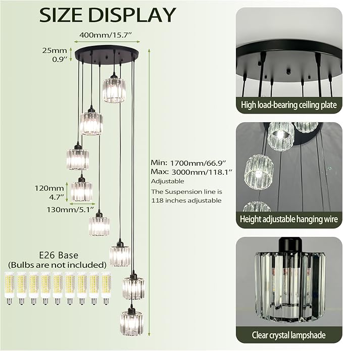 High Ceilings Long Chandeliers Modern Crystal Long Pendant Light,Long Raindrop Hanging Chandeliers,Hanging Flush Mount Chandelier Ceiling Light for Staircase Foyer Entryway 8 Lights