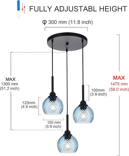 3 Light Pendant Lighting with Striped Swirl Globe Glass Blue Cluster Pendant Light for Kitchen Island, Modern Dining Room Light Fixtures Over Table Hanging Ceiling Light, E26 Base