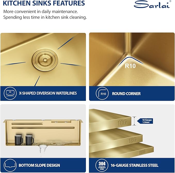 Sarlai 33 Inch Waterfall Kitchen Sink - 33x19 Gold Waterfall Drop In Sink Workstation Stainless Steel 16 Gauge Sink Multifunction Single Bowl Smart Top Mount Kitchen Sinks with Faucet Combo