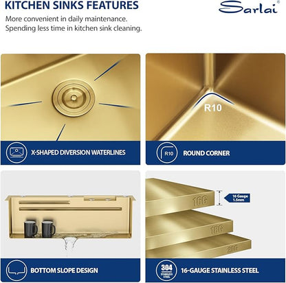Sarlai 33 Inch Waterfall Kitchen Sink - 33x19 Gold Waterfall Drop In Sink Workstation Stainless Steel 16 Gauge Sink Multifunction Single Bowl Smart Top Mount Kitchen Sinks with Faucet Combo