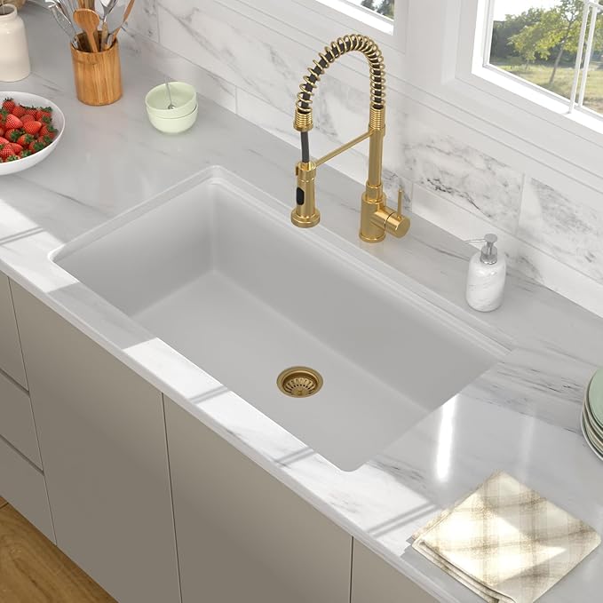 33 Inch Granite White Kitchen Sink - Beslend 33x19x10 Inch White Granite Composite Kitchen Sinks Undermount Quartz Sink Ledge Workstation Classic Under Counter Single Bowl Sink Basin