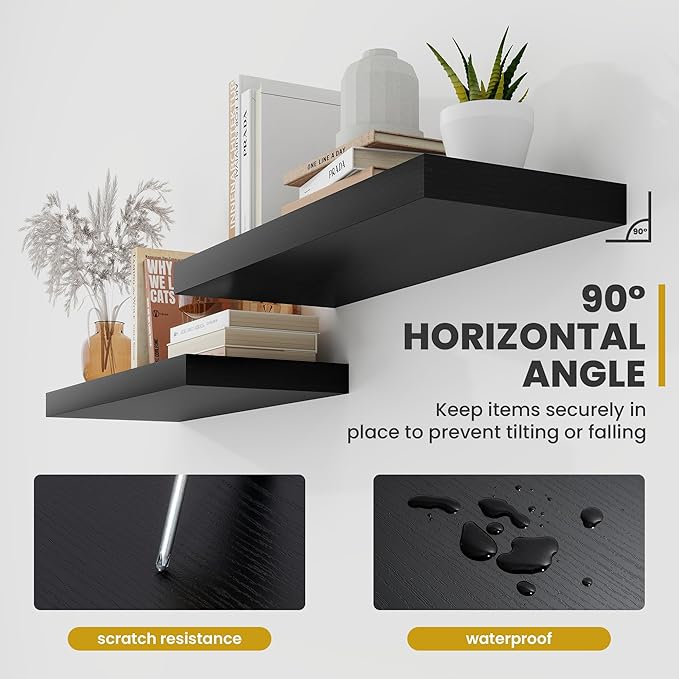 Acovy 30 Inch Floating Shelves, 9.3" Deep Floating Shelf Wall Mounted, 30" Wall Shelves, Rustic Deep Bookshelf, Large Display Shelves & Storage Shelves for Bedroom, Living Room, Black, Set of 2