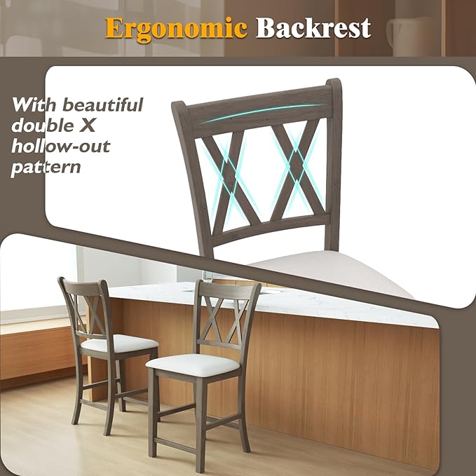 Giantex Wood Bar Stools Set of 2, 24" Counter Height Bar Stools w/Cross Back & Linen Fabric Upholstered Seat, Modern Farmhouse Wooden Barstools for Kitchen Island, Home Bar, Dining Room, Grey & White