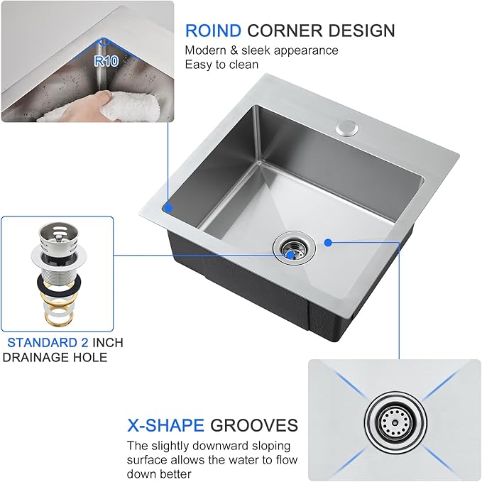 MENATT 15x15 inch Drop-in Bar Sink with 1 Faucet Hole, T-304 Stainless Steel Handmade Single Bowl Kitchen Rv Sink with 2" Drain Hole, Brushed