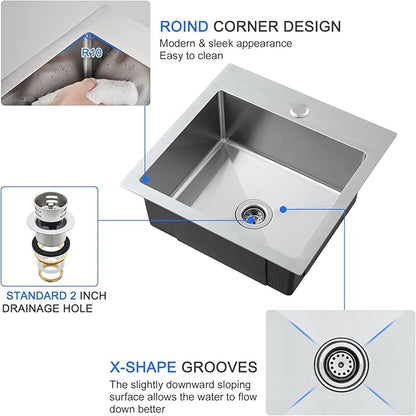 MENATT 15x15 inch Drop-in Bar Sink with 1 Faucet Hole, T-304 Stainless Steel Handmade Single Bowl Kitchen Rv Sink with 2" Drain Hole, Brushed