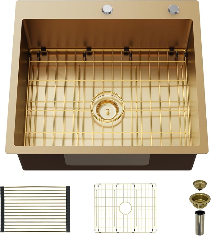 Gold 25"x22" Stainless Steel Drop-In Single Bowl Kitchen Sink - Topmount With Gold-Tone Accessories, Rack, Grid, and Drain Assembly for Modern Luxurious Look