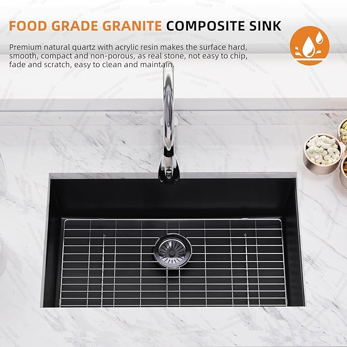 20-inch Granite Composite Kitchen Sink, GABETLET Undermount Quartz Kitchen Sinks with Spacious Workspace and Easy Cleaning, Black Single Bowl Deep Sink with Complete Accessories