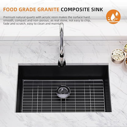 20-inch Granite Composite Kitchen Sink, GABETLET Undermount Quartz Kitchen Sinks with Spacious Workspace and Easy Cleaning, Black Single Bowl Deep Sink with Complete Accessories