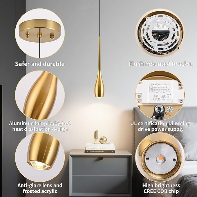 Gold Pendant Light, Modern Pendant Lights Kitchen Island, LED Hanging Light Fixtures for Dining Room Hallway Bedroom 2 Pack 3000K