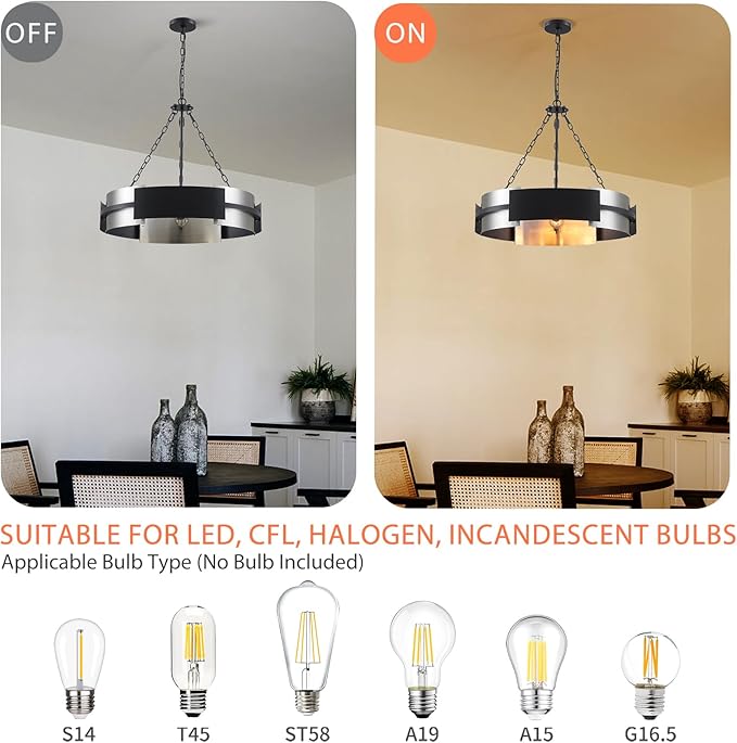 Modern Chandelier 26" Industrial Light Fixture Black and Brushed Nickel 5-Light Large Drum Pendant Lighting for Dining Room Kitchen Island Office Living Room