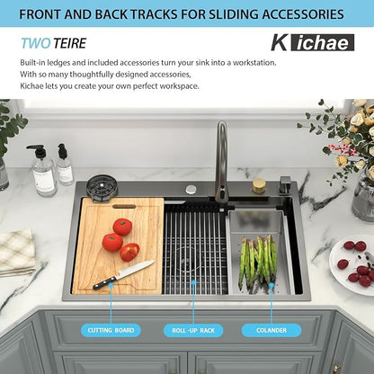 Kichae 36 Black Kitchen Sink Drop In Waterfall - 36x22 Drop Sink Stainless Steel 16 Gauge Single Bowl Waterfall Kitchen Sinks Workstation Handmade with Faucet & Glass Rinser