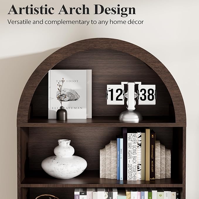 63" Tall Arched Pantry Cabinet with Doors, 5-Tier Arched Bookcase with Adjustable Shelves, Wood Storage Cabinet for Kitchen, Living Room, Office, Walnut