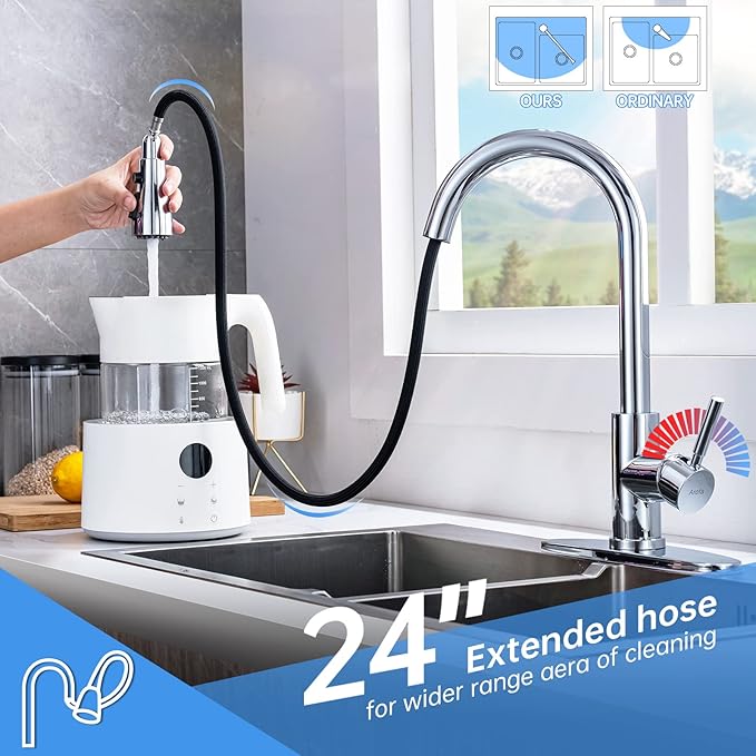 Arofa Chrome Kitchen Faucet, High Arc Kitchen Faucet with Pull Down Sprayer, Modern Single Handle Chrome Kitchen Faucets for 1/3 Hole Sink