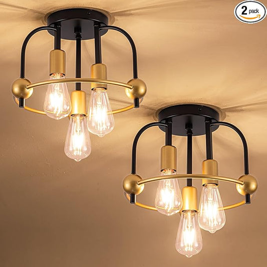 3 Light Industrial Ceiling Light Black Gold Semi Flush Mount Lights Close to Ceiling Light Fixtures,cage design Farmhouse Ceiling Lighting for Kitchen Bedroom Bathroom Foyer Hallway (E26, 2Pack)