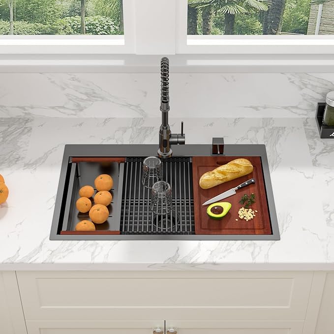 Sarlai 30 Drop Kitchen Sink Black Stainless Steel - 30 x 22 Inch Kitchen Sink Drop In Topmount Ledge Workstation 16 Gauge Gunmetal Black Stainless Steel Single Bowl Over Counter Sinks With Accessories