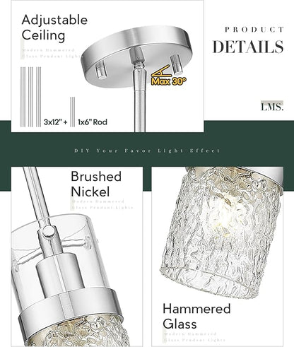 LMS Brushed Nickel Pendant Lights Kitchen Island, 1-Light Modern Glass Pendant Light Fixtures with Hammered Glass, Adjustable Mini Hanging Light for Kitchen Island Sink Bathroom, LMS-199