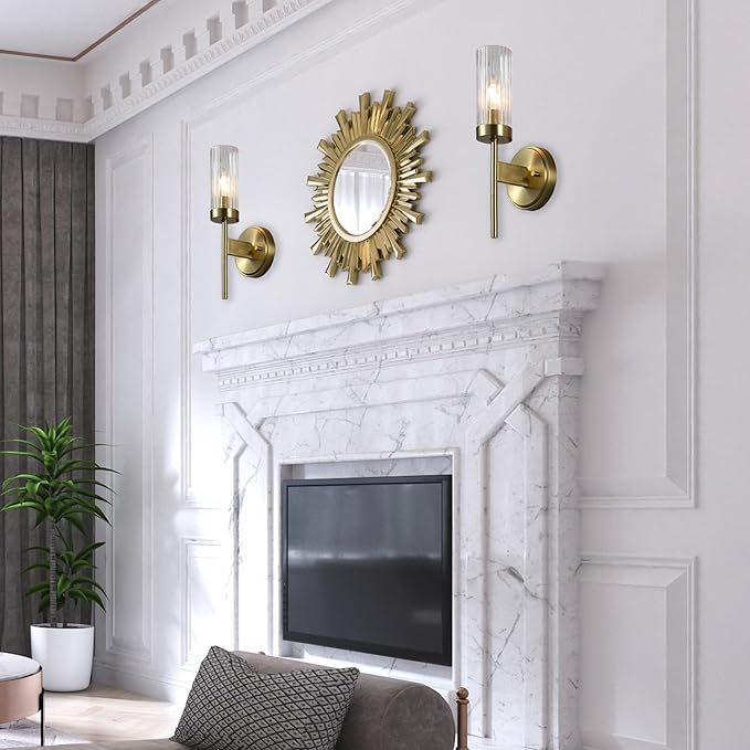 Globe Electric 1-Light Wall Sconce, Matte Brass, Ribbed Clear Glass Shade, E12 Candelabra, Dimmable, 65000103