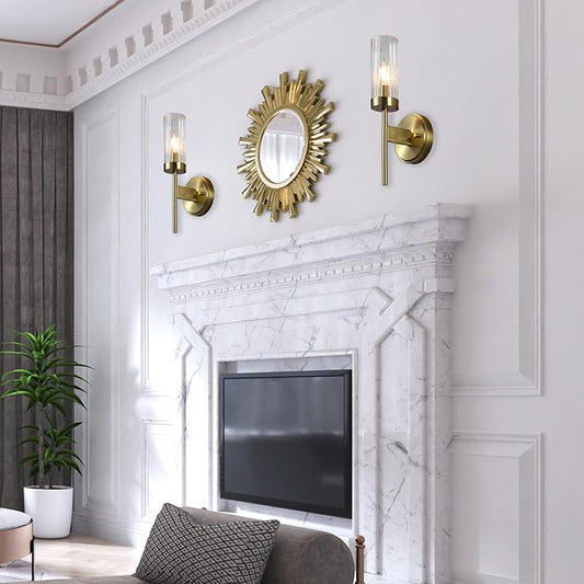 Globe Electric 1-Light Wall Sconce, Matte Brass, Ribbed Clear Glass Shade, E12 Candelabra, Dimmable, 65000103