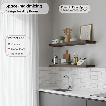 Lufia Floating Wall Shelves, Set of 2, MDF with Invisible Brackets, Modern Storage for Bedroom, Bathroom, Living Room, Kitchen (Rustic Brown, 32" W x 7" D x 1.5" H)