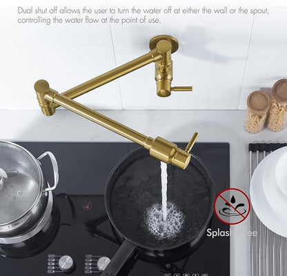 Wall Mount Spout Cold Water Only Double Lever Handle Brushed Brass Kitchen Sink Faucet Stove, Pot Filler Faucet with Dual Joint Swing Armk Sink Faucet, Brushed Old Gold-PVD