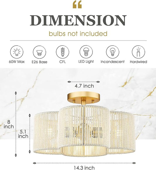 Rattan Light Fixtures Ceiling Mount, 4-Light 14" Boho Semi Flush Mount Ceiling Light with White Hand-Woven Shade in Quatrefoil Shape for Kitchen Nursery Bedroom, Gold, AD-22007-4SF-RA-WH