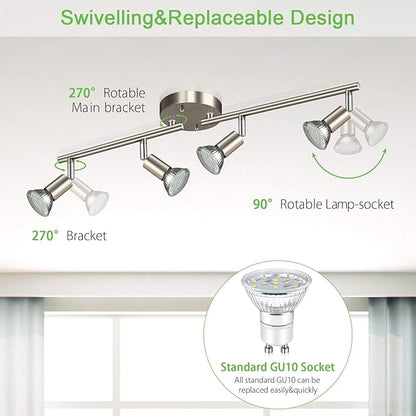 Unicozin LED 4 Light Track Lighting Kit, 24.8'' Matt Nickel 4 Way Ceiling Spot Lighting, Flexibly Rotatable Head, Modern Track Light Included 4 x LED GU10 Bulb (4W, Daylight White 5000K, 400LM)