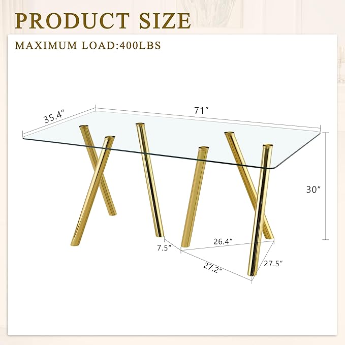 71" Glass Dining Table for 6-8, Modern Dining Room Table with 0.39" Tempered Glass Top and 6 Gold Metal Round Tube Legs, Rectangle Kitchen Dinner Table for Dining Room