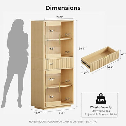 IRONCK Fluted Kitchen Storage Cabinet with Sliding Glass Doors, 69" Tall Modern Farmhouse Cabinet with Drawer and Adjustable Shelves, Freestanding Cupboard for Kitchen, Dining Room, Living Room, Oak